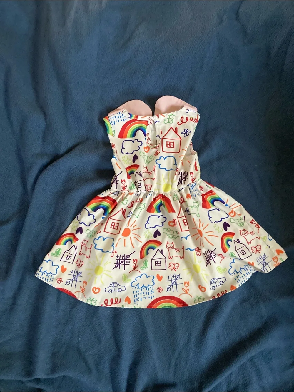 Girls White Rainbow & Sunshine Print Dress with Pink Collar